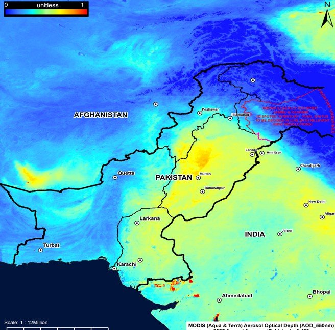 Spatial Distribution of AOD over Pakistan - 2025