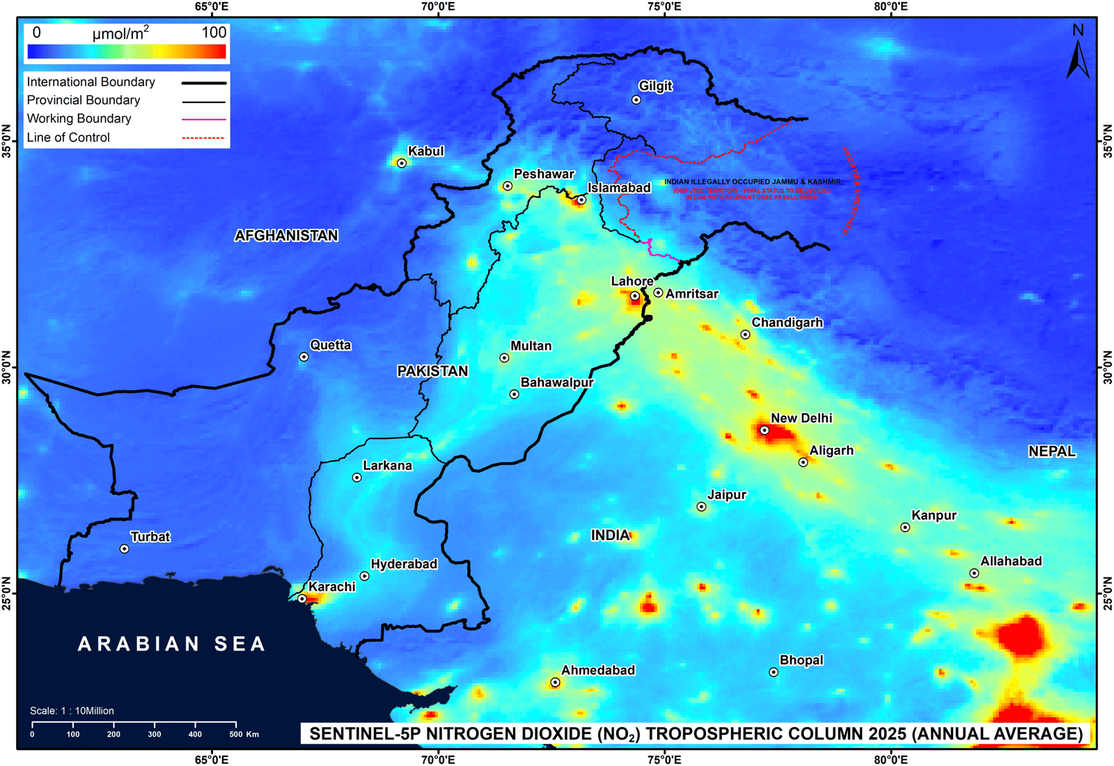 Spatial Distribution of NO2 over Pakistan - 2025